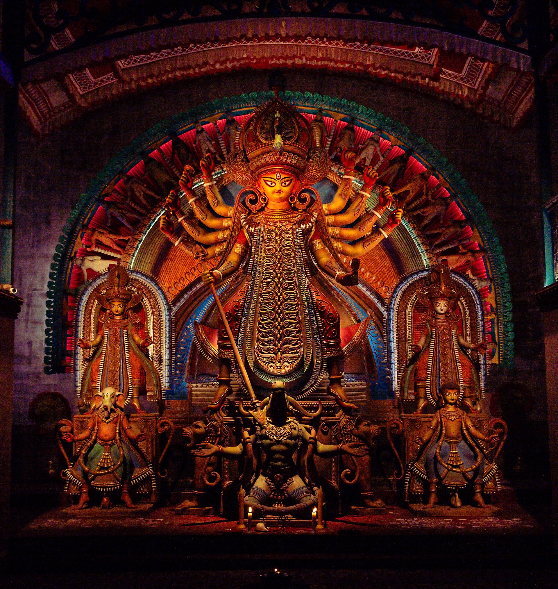 Festive Durga Puja pandal scene for Saptami